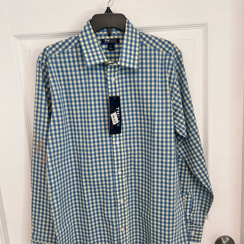 NWT Tommy Hilfiger Men's Blue and Yellow Plaid Shirt Size 16